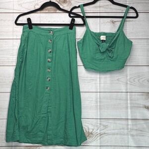 Universal Thread Womens XS Green Linen Blend 2 Piece Skirt and Crop Top Set Boho